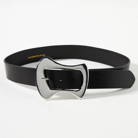Anthropologie Statement Black Leather Belt with Silver Buckle Small By Anthropologie Adjustable Notch Belt at MarketFair Shoppes  main image 3